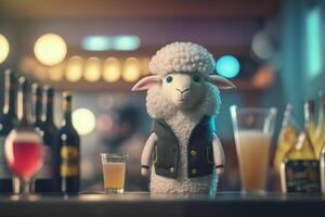 söt och rolig ull- får tjänande som en bartender i en bar ai genererad foto