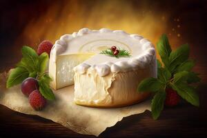 unna sig i de krämig glädjer av Camembert ost från normandie ai genererad foto