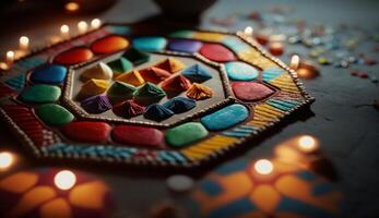 invecklad och färgrik indisk rangoli mönster fira festivaler och traditioner ai genererad foto