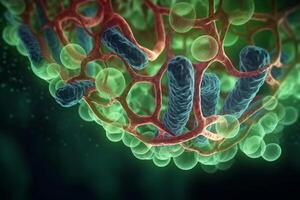 vibrerande 3d illustration av de biokemisk bearbeta av cell andning med mitokondrier i mikroskopisk se ai genererad foto