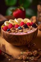 färgrik frukt och granola skål i en trä- skål ai genererad foto