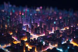 stad lampor från ovan en fåglar öga se av en upplyst metropol på natt ai genererad foto