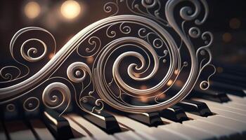 musikalisk virvel ett abstrakt sammansättning av piano nycklar representerar ljud vågor ai genererad foto