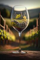 vin glas reflektioner en fotomontage av vingårdar, vindruvor, och vin ai genererad foto