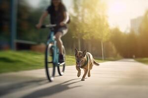 hund nöjestur hund löpning vid sidan av ägare på cykel väg i stad ai genererad foto