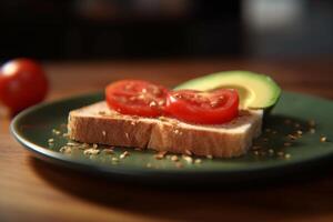 avokado och tomat rostat bröd med färsk örter och kryddor ai genererad foto