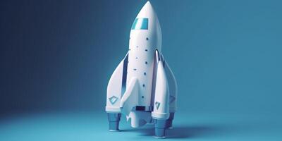 symbolisk 3d tolkning av vit raket modell mot blå bakgrund för börja begrepp ai genererad foto