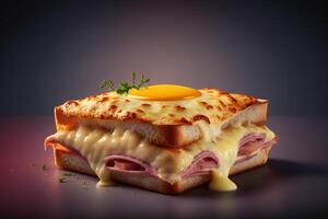 knaprig godhet unna sig i de klassisk franska croque monsieur smörgås ai genererad foto