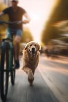 hund nöjestur hund löpning vid sidan av ägare på cykel väg i stad ai genererad foto