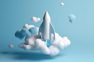 vit raket modell flygande genom molnig blå himmel som en symbol av börja Framgång och innovation ai genererad foto