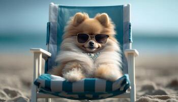 eleganta pomeranian hund slappa i en strand stol bär solglasögon ai genererad foto