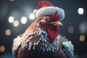 en kyckling bär en jul hatt för de Semester säsong ai genererad foto