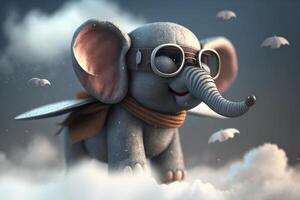 flygande hög med de förtjusande liten elefant pilot ovan de moln ai genererad foto