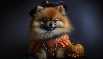 söt pomeranian hund klädd som en häxa för halloween ai genererad foto