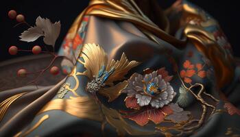 vibrerande och färgrik kinesisk silke tyg ai genererad foto