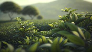 frodig grön te plantager mitt i de lugn skönhet av natur ai genererad foto