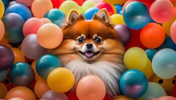 fluffig pomeranian i en färgrik boll grop med hundratals av ballonger ai genererad foto