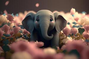 rosig glädje en söt liten elefant i en fält av blomning ro ai genererad foto