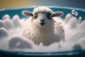 söt och rolig ull- får i en badkar med massor av bubblor på bad dag ai genererad foto