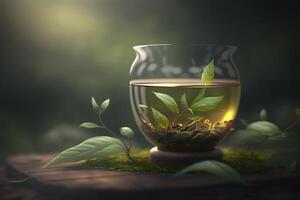 lugn atmosfär med en glas av grön te ai genererad foto