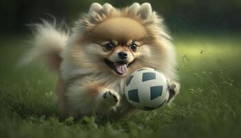 förtjusande pomeranian hund har roligt spelar fotboll på en grön fält ai genererad foto