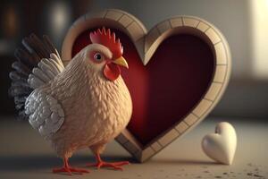 kärlek är i de coop en kyckling med hjärtan i de bakgrund för hjärtans dag ai genererad foto
