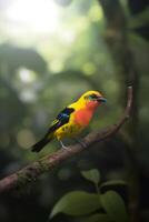 färgrik fågel uppflugen på en gren i de regnskog ai genererad foto