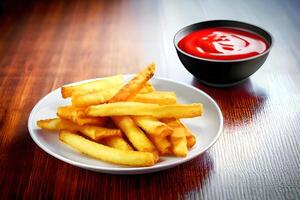 franska frites med ketchup på en trä- tabell. selektiv fokus. generativ ai foto