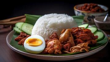 asiatisk mat - en traditionell nasi lemak maträtt eras på en banan blad. ai generativ foto