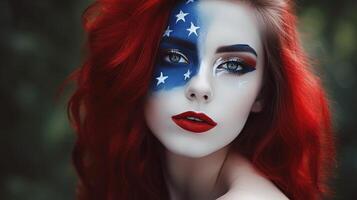 fantastisk ser nationell älskare kvinna ansikte målad eller smink USA flagga Färg. 4:e juli oberoende dag eller amerikan händelse firande bild. foto