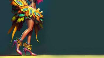 3d framställa, närbild av kvinna samba dansare ben på kricka och gul bakgrund . foto