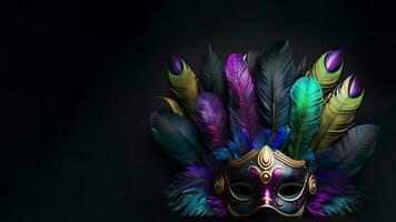 3d framställa av Flerfärgad dekorativ fjäder mask på mörk bakgrund. karneval begrepp. foto