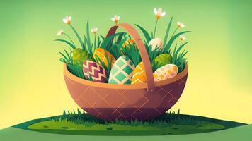 illustration av påsk ägg blommig korg mot grön och gul bakgrund och kopia Plats. Lycklig påsk dag begrepp. foto