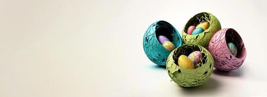färgrik papper mache påsk ägg skål eller fågel bo uppsättning för påsk dag begrepp. 3d framställa. foto