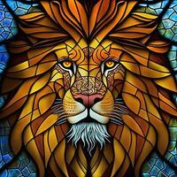 färgade glas fönster med lejon huvud. generativ ai. inte baserad på några faktisk scen eller mönster foto
