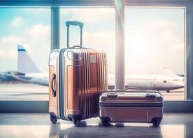 resväskor i flygplats terminal med stor fönster och suddigt flygplan i bakgrund. resa eller semester begrepp. ai genererad foto