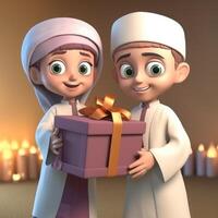 disney stil, förtjusande muslim barn karaktär innehav gåva låda i traditionell klädsel. eid mubarak begrepp, generativ ai. foto