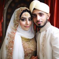 indisk muslim par äktenskap i traditionell klädsel, generativ ai. foto