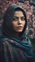 en underbar indisk kvinna bär hijab huvuddukar på blommig bakgrund, generativ ai. foto