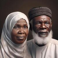 realistisk porträtt av gammal muslim afrikansk par bär traditionell klädsel, generativ ai. foto