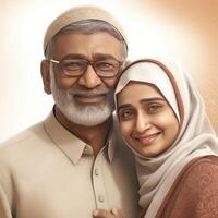 realistisk porträtt av mitten ålder muslim par omfamnar, generativ ai. foto