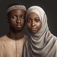 realistisk porträtt av ung muslim afrikansk par bär traditionell klädsel, generativ ai. foto