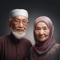 realistisk porträtt av muslim asiatisk gammal par bär traditionell klädsel, generativ ai. foto