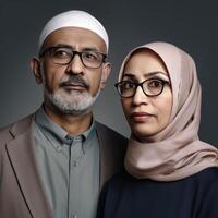 realistisk porträtt av attraktiv muslim mitten ålder engelsk par bär glasögon, generativ ai. foto