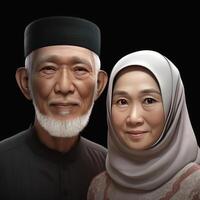 realistisk porträtt av muslim asiatisk gammal par bär traditionell klädsel, generativ ai. foto