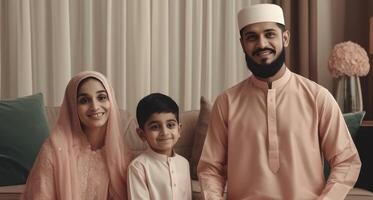 Lycklig muslim familj karaktär bär traditionell klädsel under eid firande, generativ ai. foto