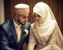 realistisk porträtt av kärleksfull muslim par under de äktenskap ceremoni eller eid firande, generativ ai. foto