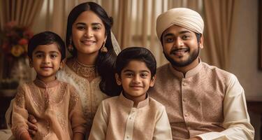Lycklig muslim familj karaktär bär traditionell klädsel under eid firande, generativ ai. foto