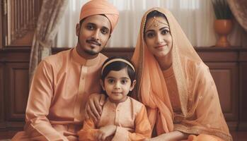 realistisk porträtt av muslim familj bär traditionell klädsel under eid firande, generativ ai. foto