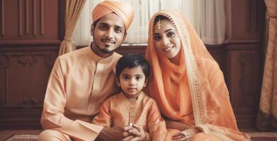 realistisk porträtt av muslim familj bär traditionell klädsel under eid firande, generativ ai. foto